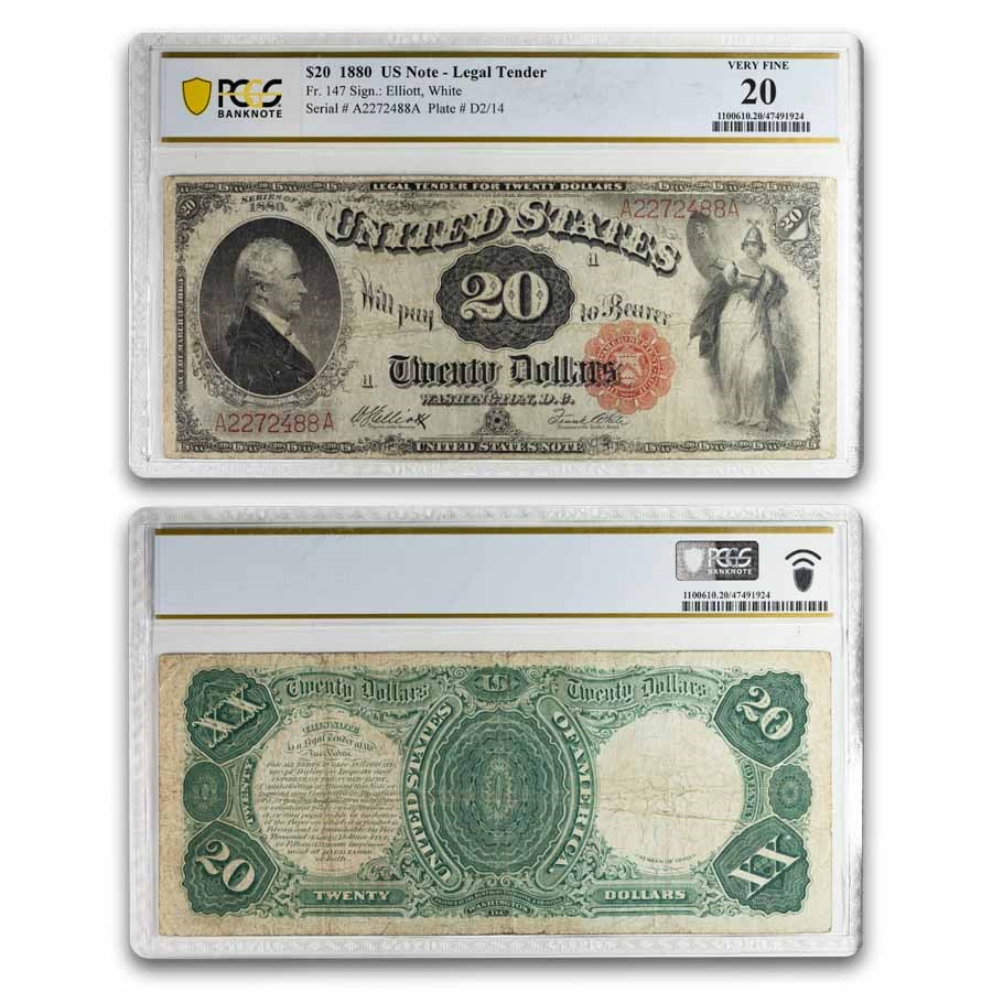 1880 $20 Legal Tender Alexander Hamilton VF-20 PCGS (Fr#147)