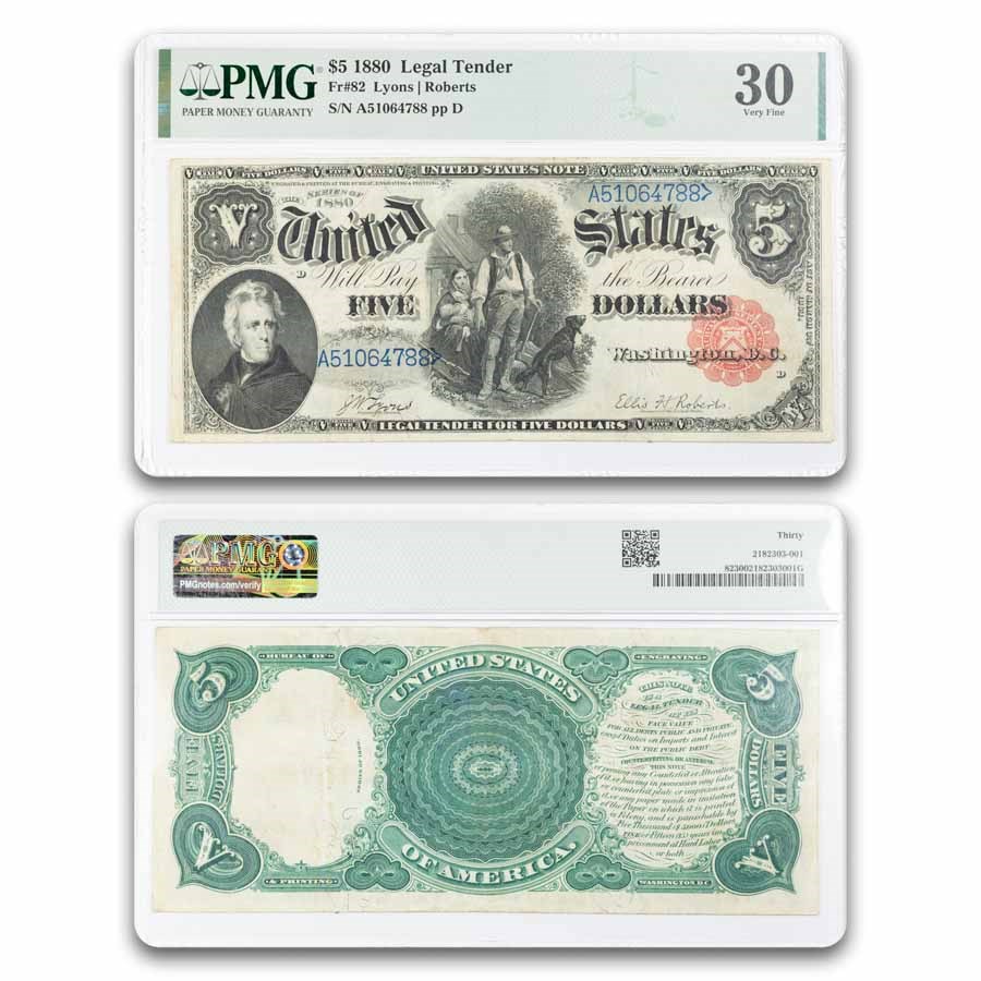 1880 $5.00 Legal Tender Woodchopper VF-30 PMG (Fr#82)