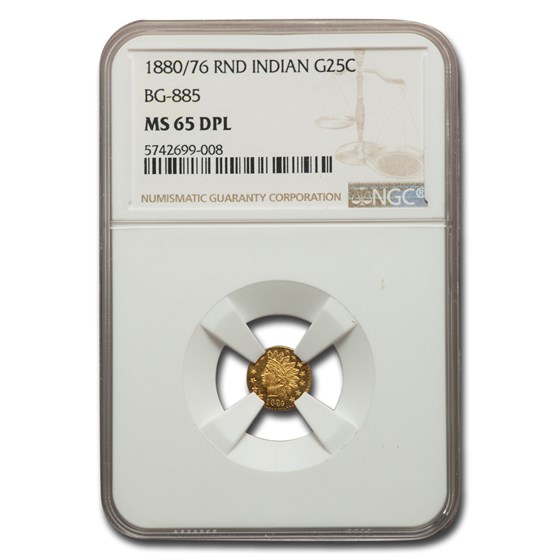 1880/76 Indian Round 25 Cent Gold MS-65 NGC (DPL, BG-885) 1880/76 Indian Round 25 Cent Gold MS-65 NGC (DPL, BG-885)
