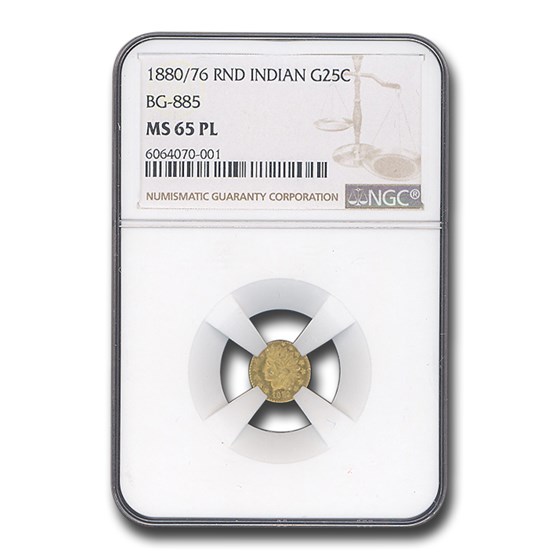 1880/76 Indian Round 25 Cent Gold MS-65 NGC (PL, BG-885) 1880/76 Indian Round 25 Cent Gold MS-65 NGC (PL, BG-885)