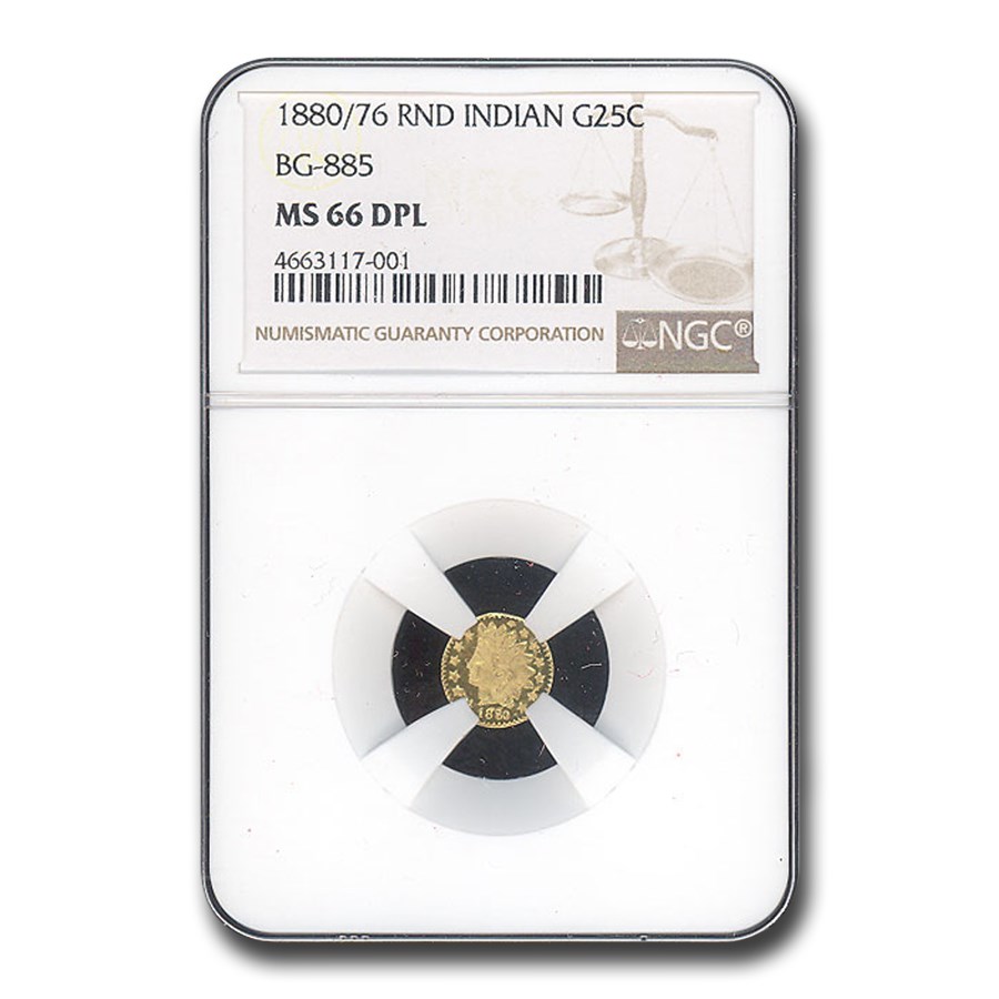1880/76 Indian Round 25 Cent Gold MS-66 NGC (BG-885, DPL)