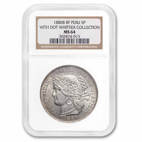 1880-B BF Peru Silver 5 Pesetas MS-64 NGC 1880-B BF Peru Silver 5 Pesetas MS-64 NGC