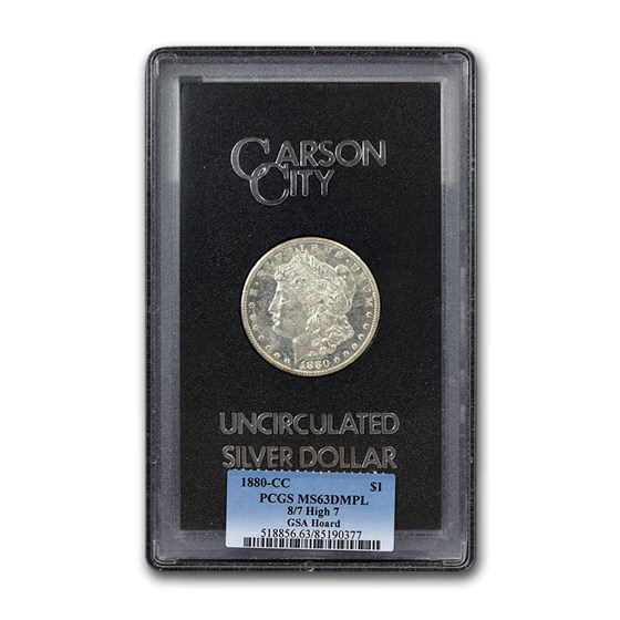 1880-CC Morgan Dollar 8/7 High 7 MS-63 PCGS (GSA,DMPL) 1880-CC Morgan Dollar 8/7 High 7 MS-63 PCGS (GSA,DMPL)