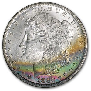 1880-CC Morgan Dollar MS-62 (Rainbow Crescent Obv, GSA Holder) 1880-CC Morgan Dollar MS-62 (Rainbow Crescent Obv, GSA Holder)