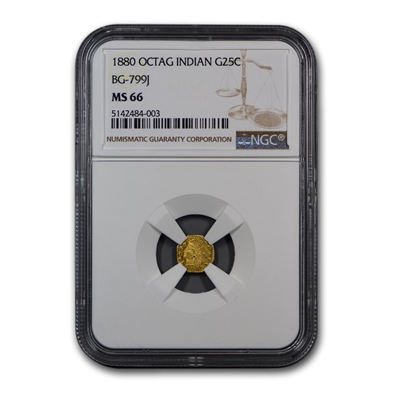1880 Indian Octagonal 25 Cent Gold MS-66 NGC (BG-799j) 1880 Indian Octagonal 25 Cent Gold MS-66 NGC (BG-799j)