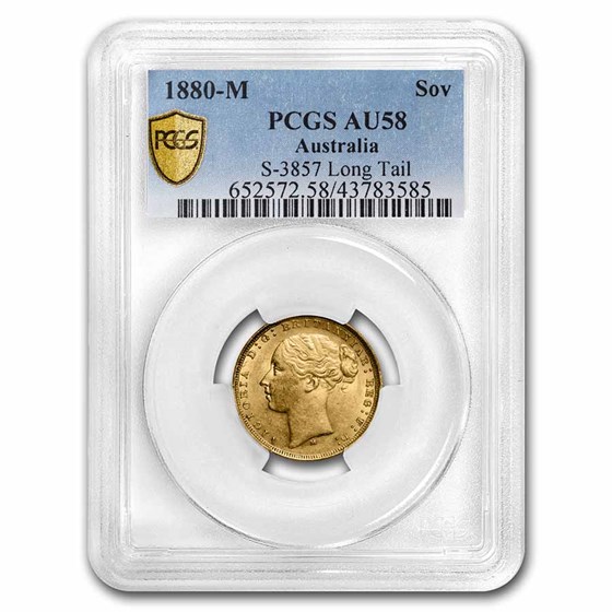 1880-M Australia Gold Sovereign Young Victoria AU-58 PCGS 1880-M Australia Gold Sovereign Young Victoria AU-58 PCGS