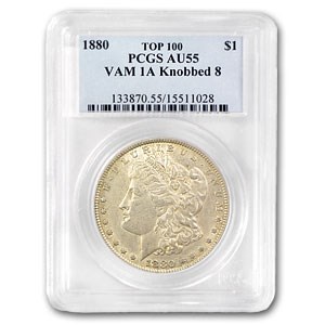 1880 Morgan Dollar AU-55 PCGS (VAM-1A, Knobbed 8, Top-100) 1880 Morgan Dollar AU-55 PCGS (VAM-1A, Knobbed 8, Top-100)