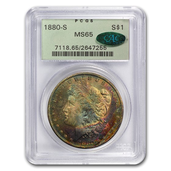 1880-S Morgan Dollar MS-65 PCGS (CAC, Blue & Pink Toning) 1880-S Morgan Dollar MS-65 PCGS (CAC, Blue & Pink Toning)