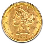 1881/0 $5 Liberty Gold Half Eagle MS-63 PCGS
