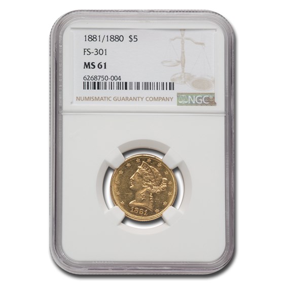 1881/1880 $5 Liberty Gold Half Eagle MS-61 NGC (FS-301) 1881/1880 $5 Liberty Gold Half Eagle MS-61 NGC (FS-301)