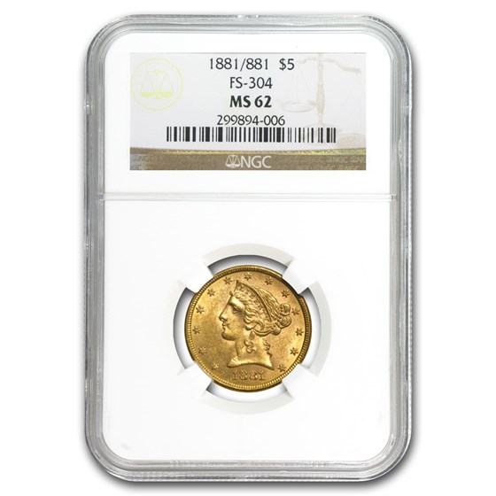 1881/1881 $5 Liberty Gold Half Eagle MS-62 NGC (RPD FS-304) 1881/1881 $5 Liberty Gold Half Eagle MS-62 NGC (RPD FS-304)