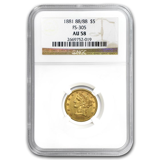 1881 88/88 $5 Liberty Gold Half Eagle AU-58 NGC (RPD FS-305) 1881 88/88 $5 Liberty Gold Half Eagle AU-58 NGC (RPD FS-305)