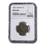 1881-A France 5 Centimes MS-62 NGC (Brown)