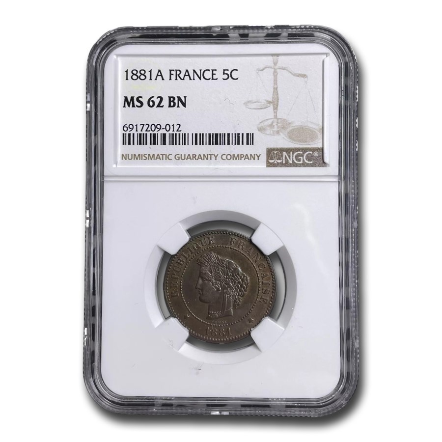 1881-A France 5 Centimes MS-62 NGC (Brown)