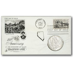 1881 Morgan Dollar AU (Comstock Lode 100th Anniv FDC) 1881 Morgan Dollar AU (Comstock Lode 100th Anniv FDC)