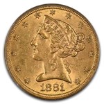 1881-S $5 Liberty Gold Half Eagle MS-62 PCGS