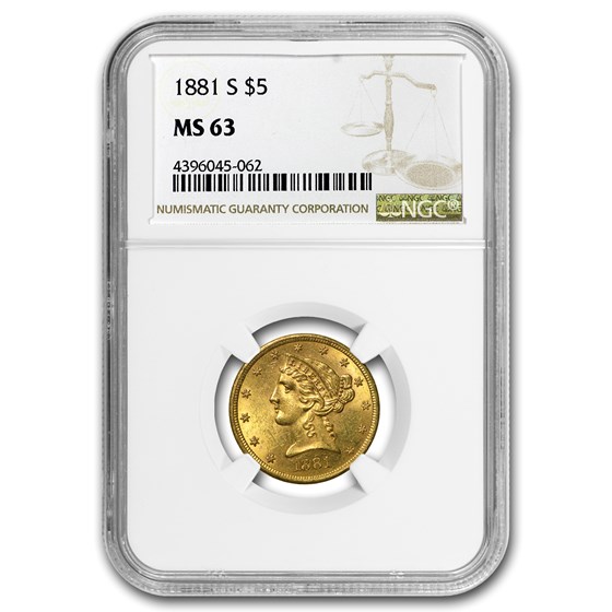 1881-S $5 Liberty Gold Half Eagle MS-63 NGC 1881-S $5 Liberty Gold Half Eagle MS-63 NGC