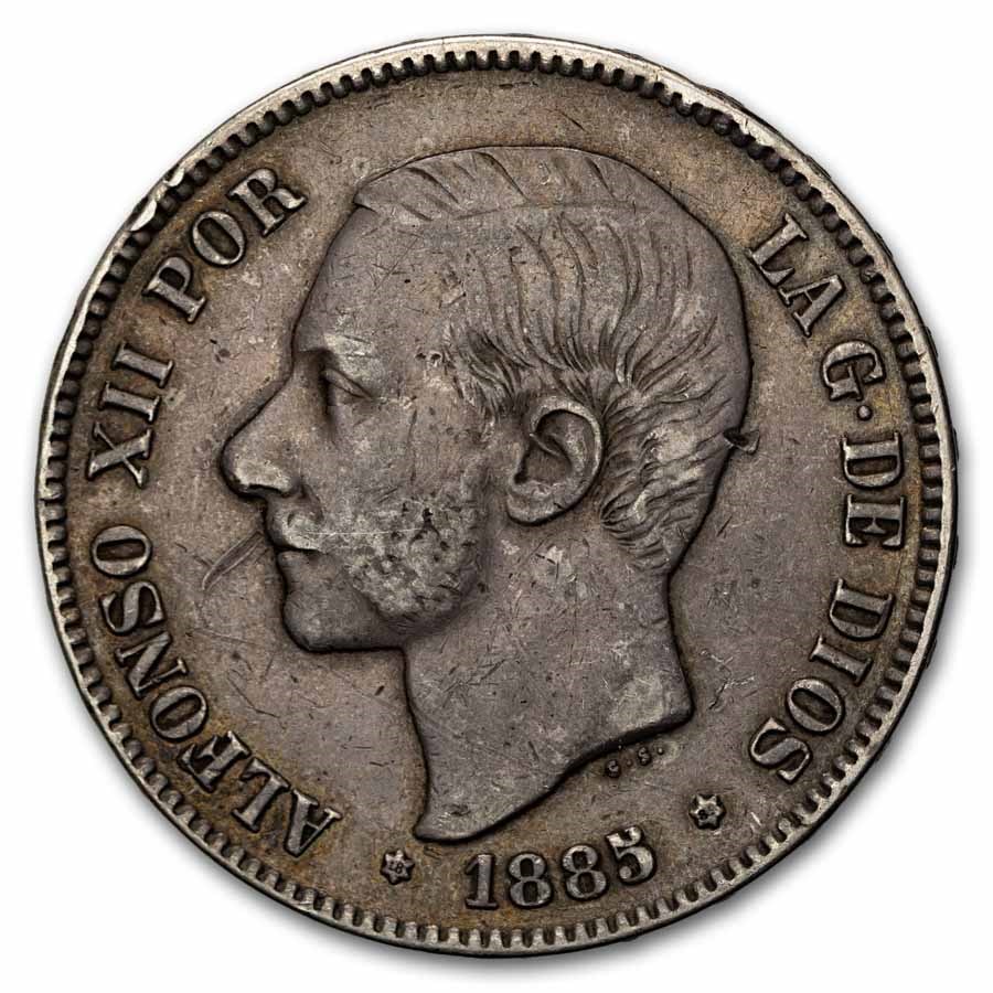1882-1885 Spain Silver 5 Pesetas Alfonso XII Avg Circ