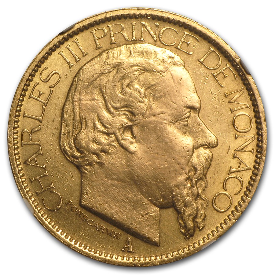 1882-1886 Monaco Gold 100 Francs Charles III AU