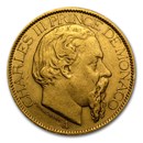 1882-1886 Monaco Gold 100 Francs Charles III Avg Circ