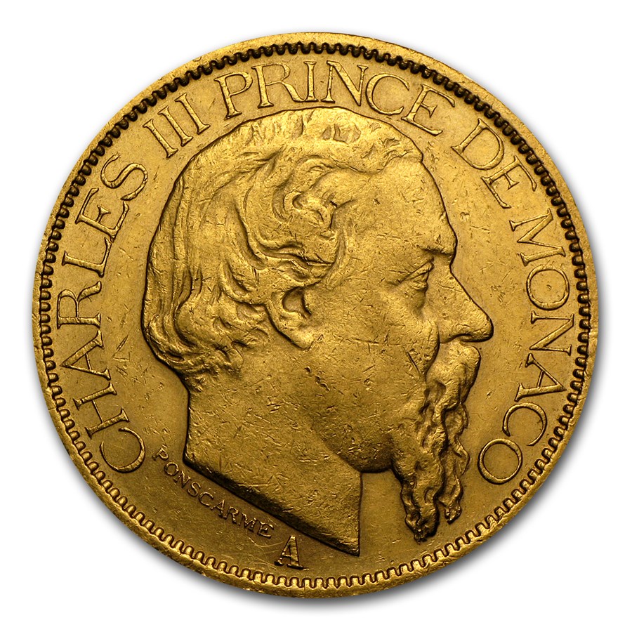 1882-1886 Monaco Gold 100 Francs Charles III Avg Circ