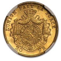Buy 1882 Belgium Gold 20 Francs Leopold II MS-64 NGC (Position A 