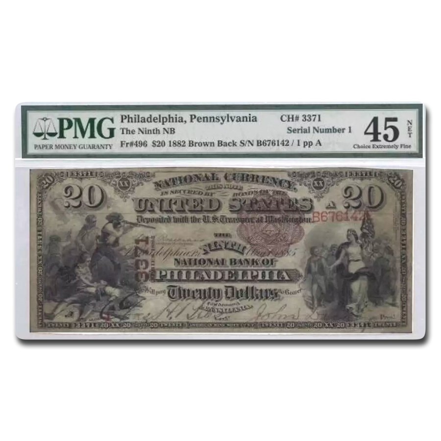 1882 Brown Back $20 Philadelphia, PA XF-45 PMG (Fr#496) Repaired
