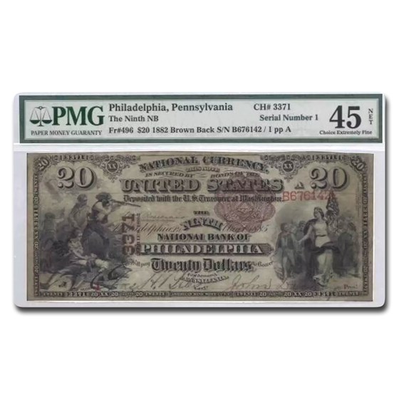 1882 Brown Back $20 Philadelphia, PA XF-45 PMG (Fr#496) Repaired 1882 Brown Back $20 Philadelphia, PA XF-45 PMG (Fr#496) Repaired