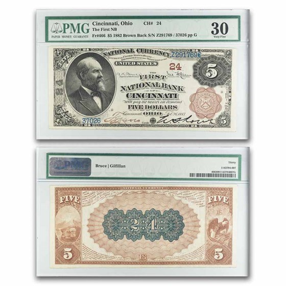 1882 Brown Back $5.00 Cincinnati, OH VF-30 PMG (Fr#466) CH#240
