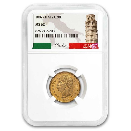 1882-R Italy Gold 20 Lire Umberto I MS-62 NGC 1882-R Italy Gold 20 Lire Umberto I MS-62 NGC