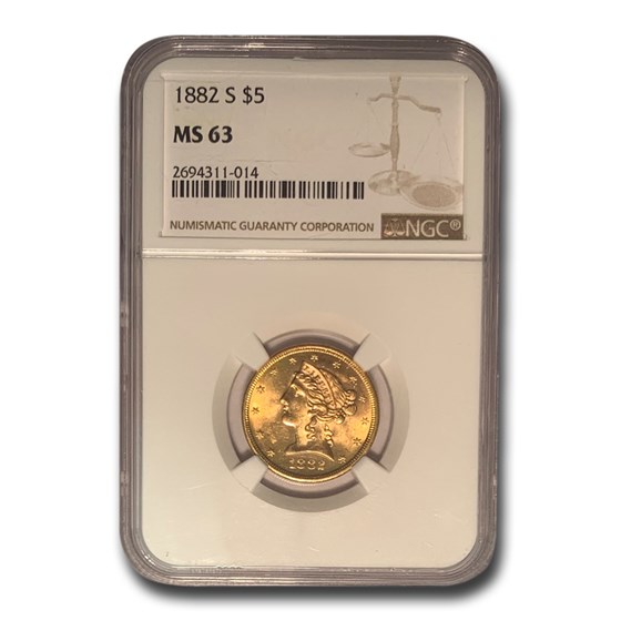 1882-S $5 Liberty Gold Half Eagle MS-63 NGC 1882-S $5 Liberty Gold Half Eagle MS-63 NGC