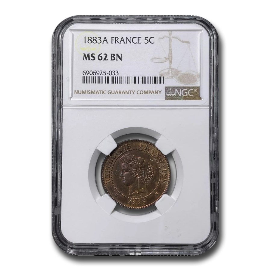 1883-A France 5 Centimes MS-62 NGC (Brown)