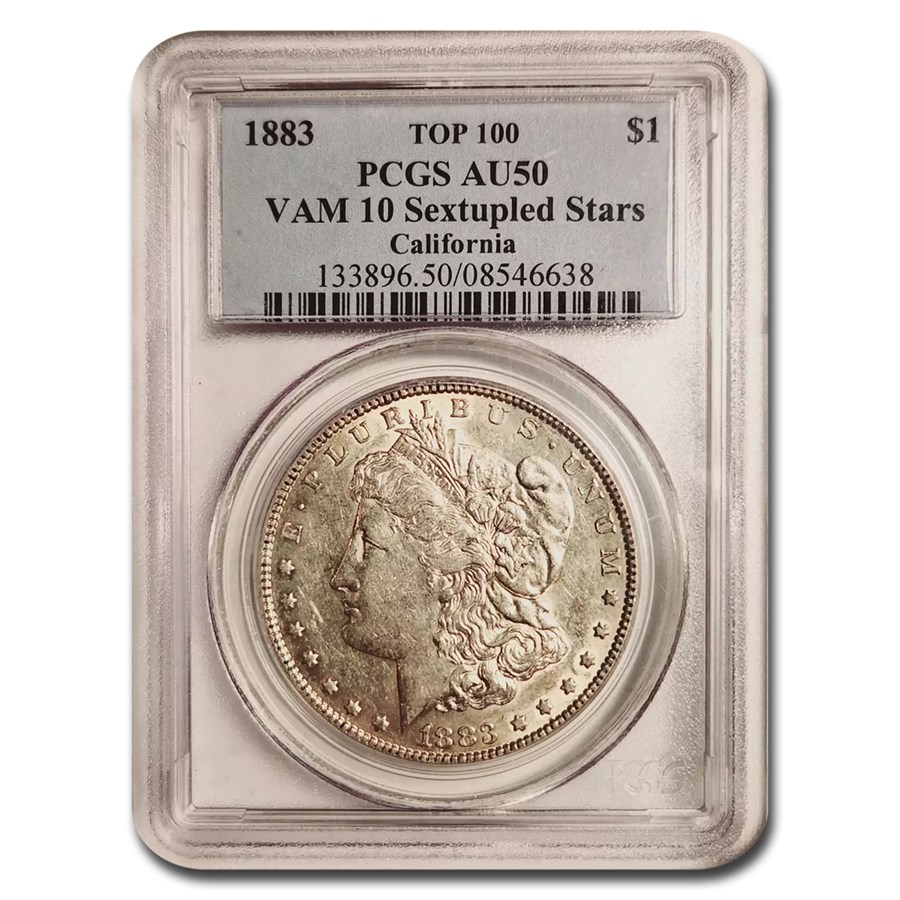 1883 Morgan Dollar AU-50 PCGS (VAM-10, Sextupled Stars)