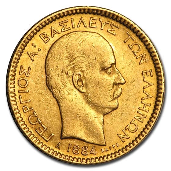 1884-A Greece Gold 20 Drachmai George I AU