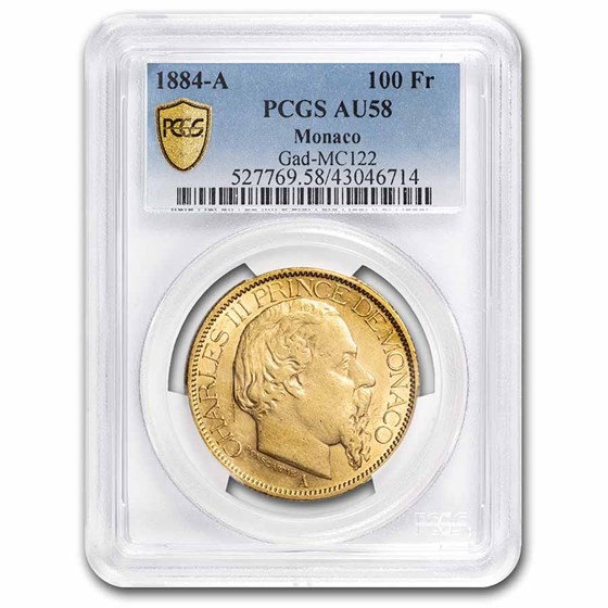 1884-A Monaco Gold 100 Francs Charles III AU-58 PCGS 1884-A Monaco Gold 100 Francs Charles III AU-58 PCGS