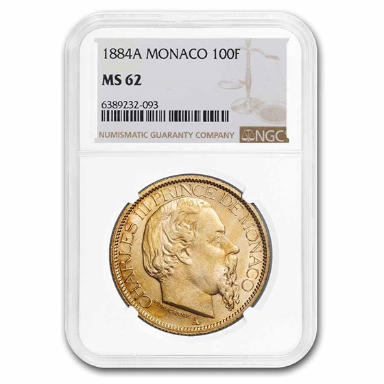 1884-A Monaco Gold 100 Francs Charles III MS-62 NGC 1884-A Monaco Gold 100 Francs Charles III MS-62 NGC