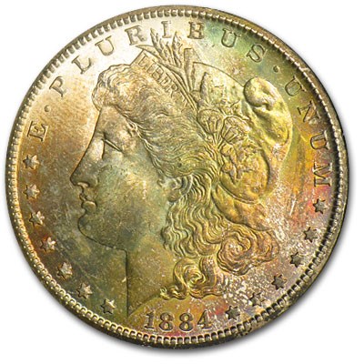 1884-CC Morgan Dollar MS-64 (Rainbow Toned Obv, GSA Holder) 1884-CC Morgan Dollar MS-64 (Rainbow Toned Obv, GSA Holder)