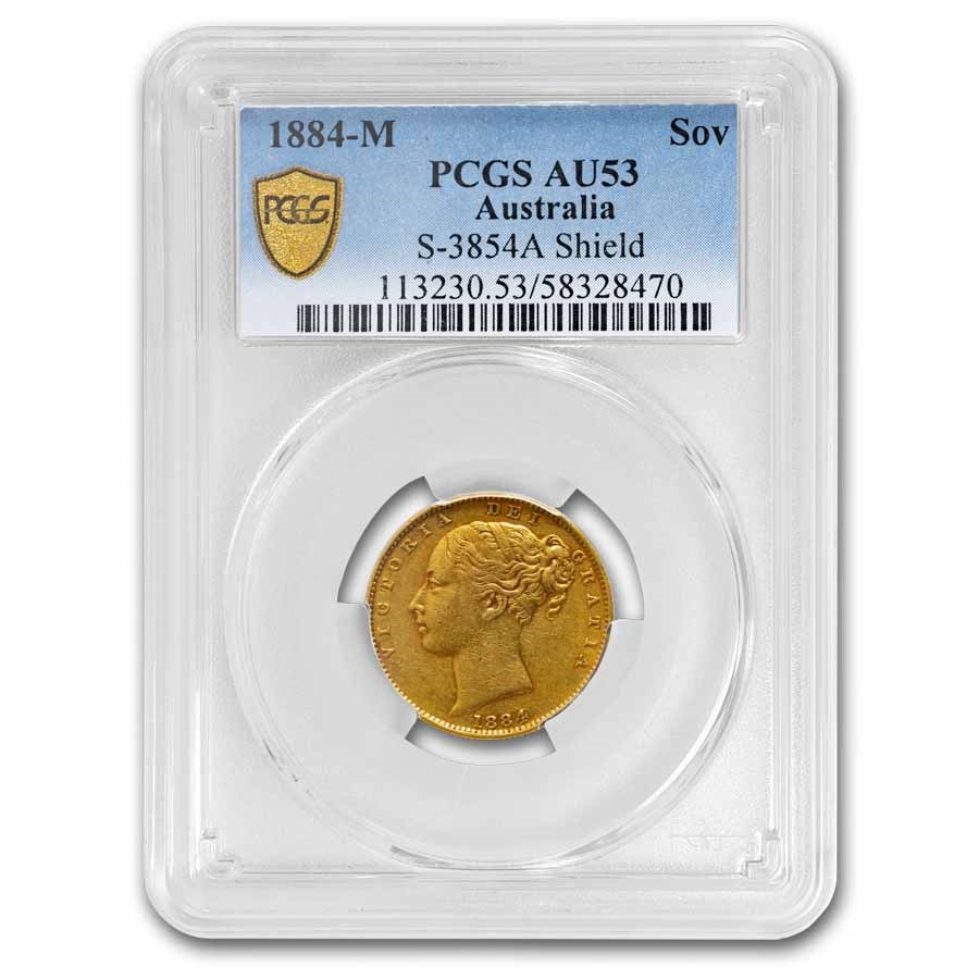 1884-M Australia Gold Sovereign Victoria Shield AU-53 PCGS