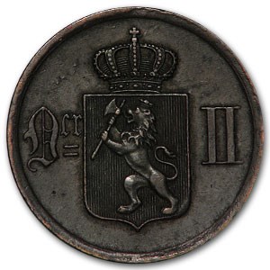 1884 Norway Bronze 2 Ore Oscar II XF 1884 Norway Bronze 2 Ore Oscar II XF