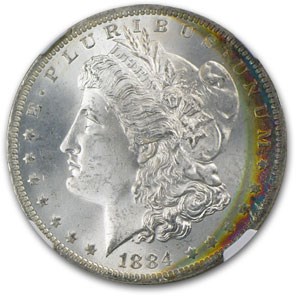 1884-O Morgan Dollar MS-64* NGC (Crescent Obv Toning) 1884-O Morgan Dollar MS-64* NGC (Crescent Obv Toning)