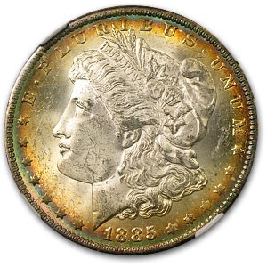 1885-O Morgan Dollar MS-64 NGC (Blue & Cherry Wood Rim Toning) 1885-O Morgan Dollar MS-64 NGC (Blue & Cherry Wood Rim Toning)