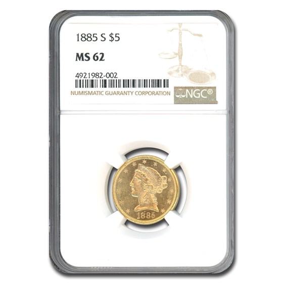 1885-S $5 Liberty Gold Half Eagle MS-62 NGC 1885-S $5 Liberty Gold Half Eagle MS-62 NGC