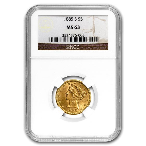 1885-S $5 Liberty Gold Half Eagle MS-63 NGC 1885-S $5 Liberty Gold Half Eagle MS-63 NGC