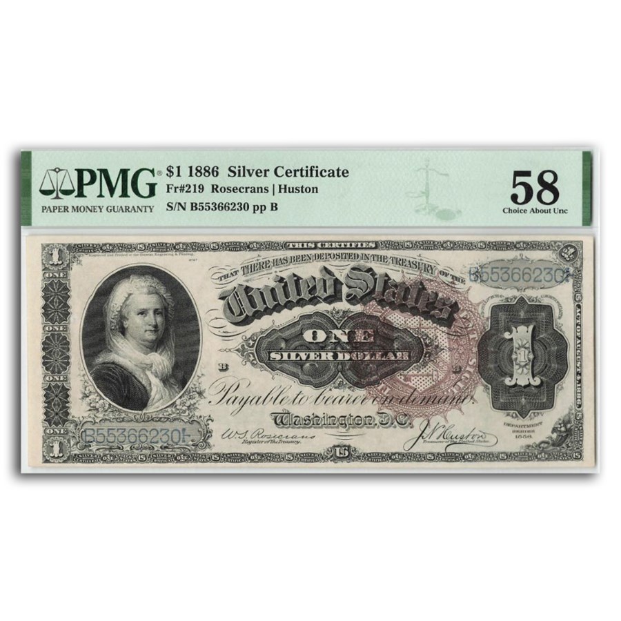 1886 $1 Silver Cert Martha Wash. AU-58 PMG (Fr#219) Details