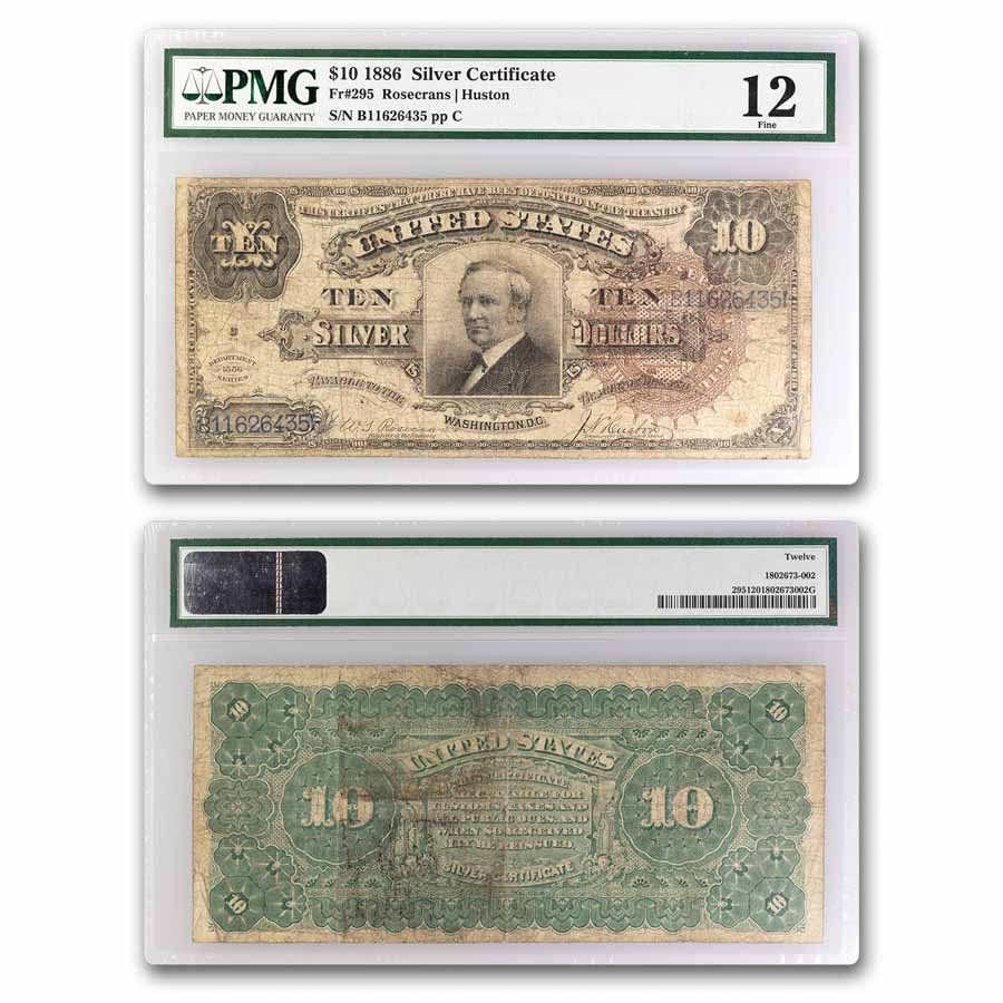 1886 $10 Silver Cert. Hendricks Tombstone F-12 PMG (Fr#295)