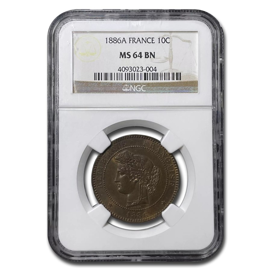 1886-A France 10 Centimes MS-64 NGC (Brown)
