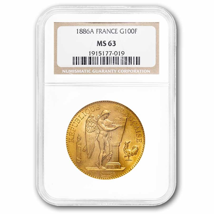 1886-A France Gold 100 Francs Angel MS-63 NGC