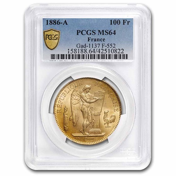 1886-A France Gold 100 Francs Angel MS-64 PCGS