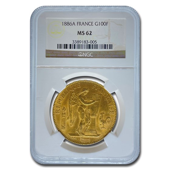 1886-A France Gold 100 Francs Lucky Angel MS-62 NGC 1886-A France Gold 100 Francs Lucky Angel MS-62 NGC