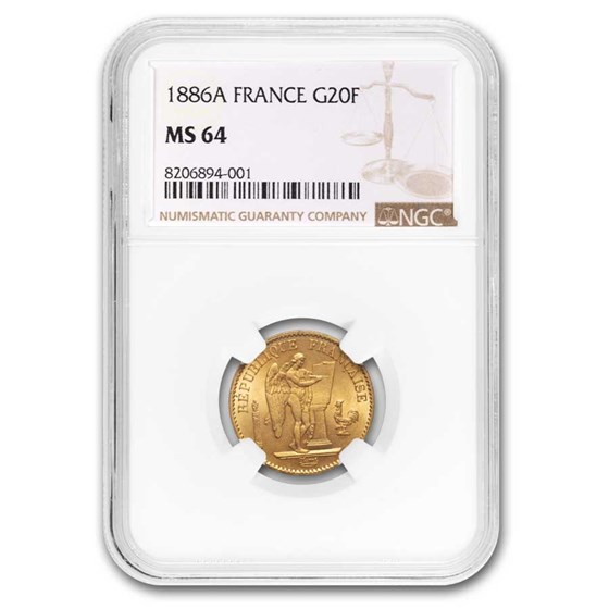 1886-A France Gold 20 Francs Angel MS-64 NGC 1886-A France Gold 20 Francs Angel MS-64 NGC
